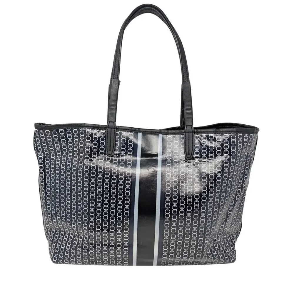 Tory Burch Gemini Link Tote Black Logo Print Coated Canvas Carryall